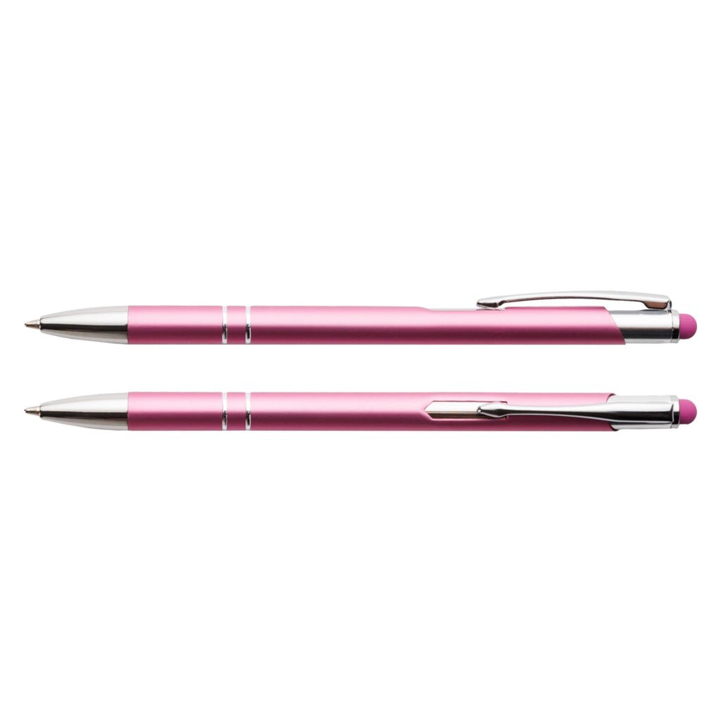 Różowy cienki długopis metalowy Bello Touch Pen z grawerem laserowym logo firmy, personalizowany gadżet reklamowy B2B, B2C producent PENS4U Żary / gumka do tablet smartfon