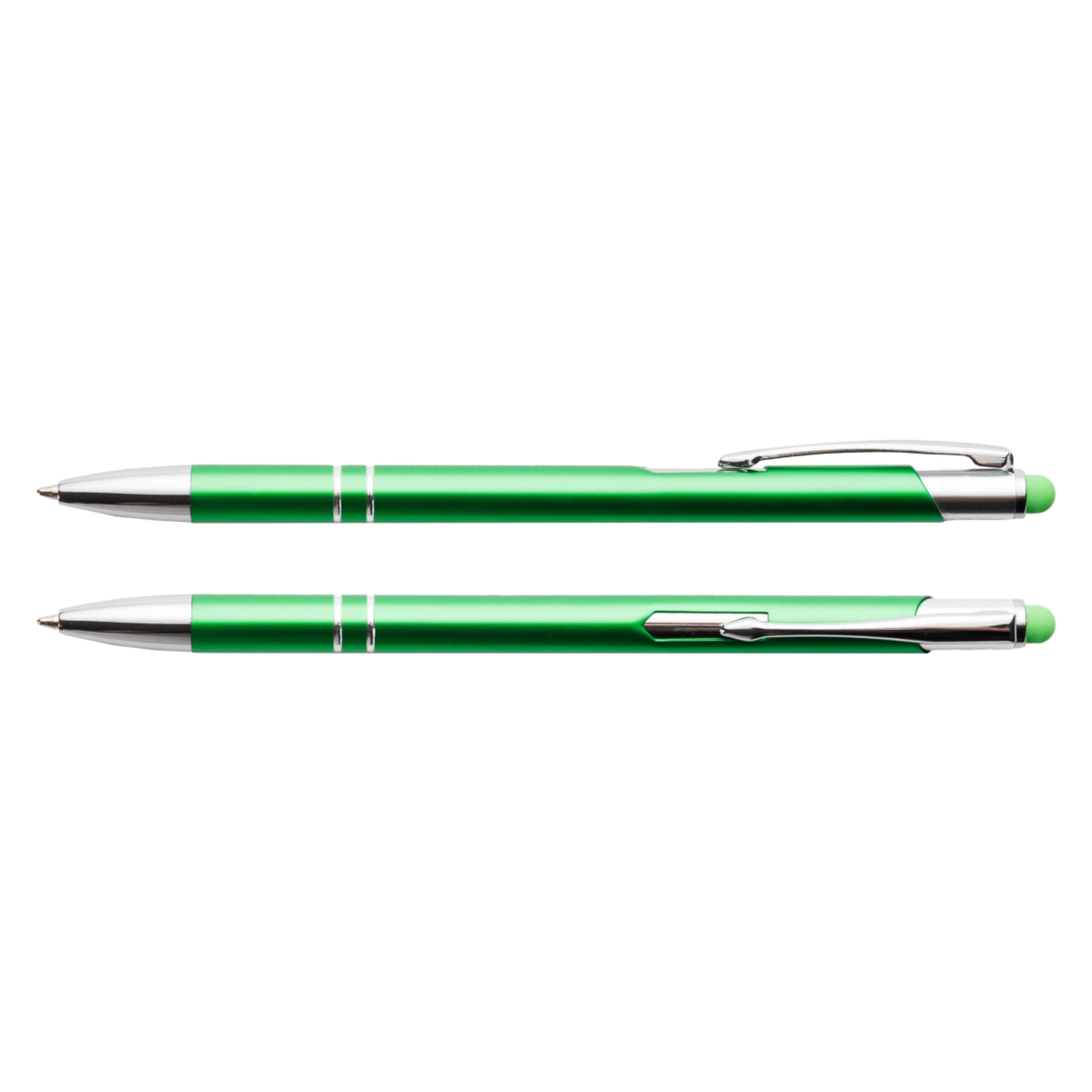 Jasny Zielony cienki długopis metalowy Bello Touch Pen z grawerem laserowym logo firmy, personalizowany gadżet reklamowy B2B, B2C producent PENS4U Żary / gumka do tablet smartfon