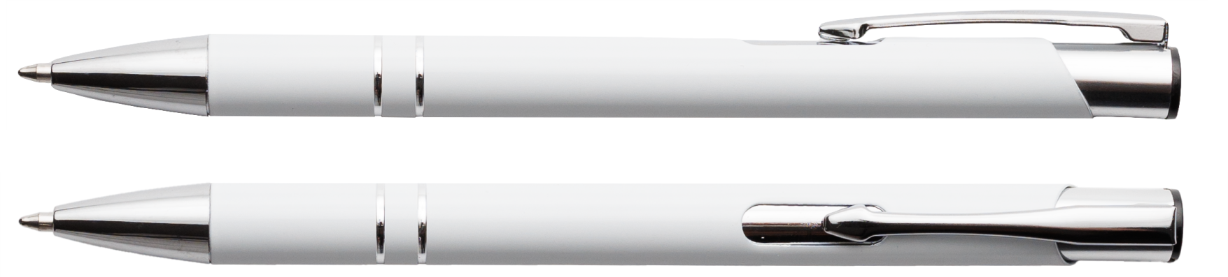 Biały długopis metalowy Cosmo z grawerem laserowym logo firmy, personalizowany gadżet reklamowy B2B, B2C producent PENS4U Żary
