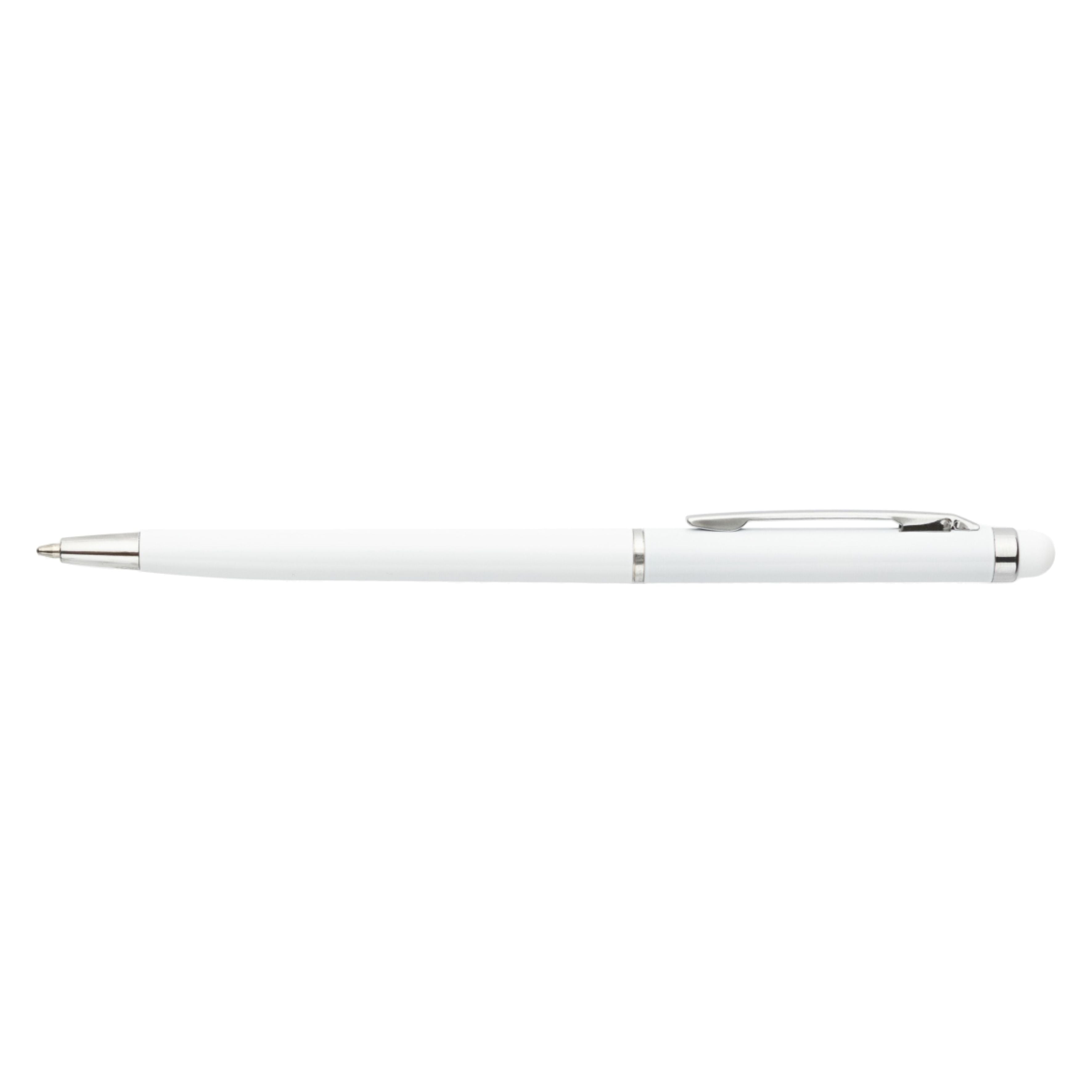 Biały bardzo cienki długopis metalowy Gio Touch Pen z grawerem laserowym logo firmy, personalizowany gadżet reklamowy B2B, B2C producent PENS4U Żary